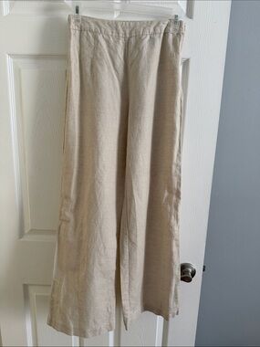 Beginning Boutique Neutral Wide-Leg Linen-Cotton Blend Pants in Oatmeal Cream